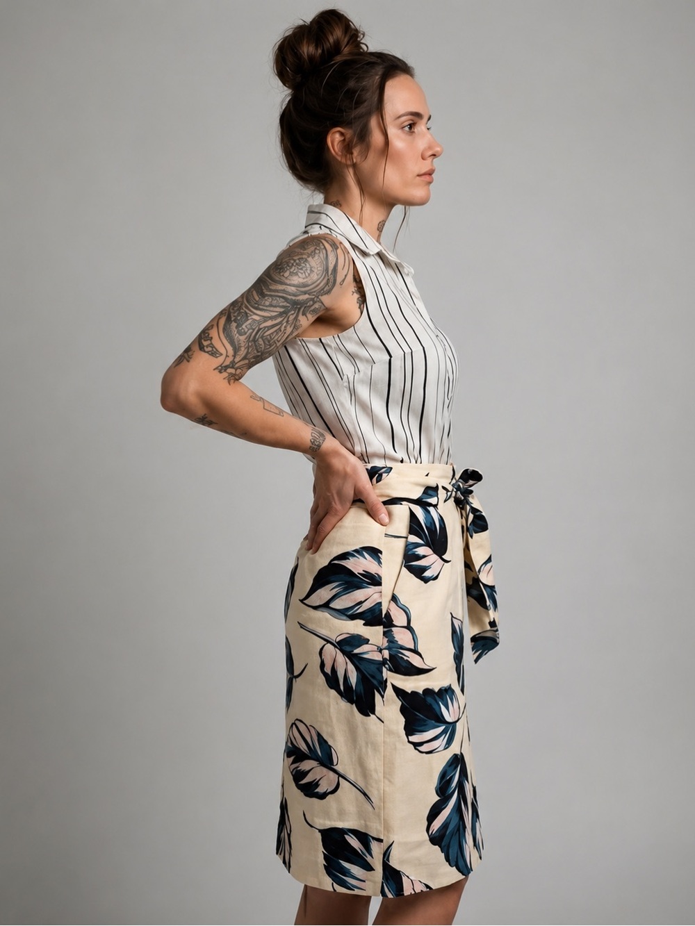 Ann Taylor Floral Leaf Print Tie Waist Midi Pencil High Rise Linen Size 6